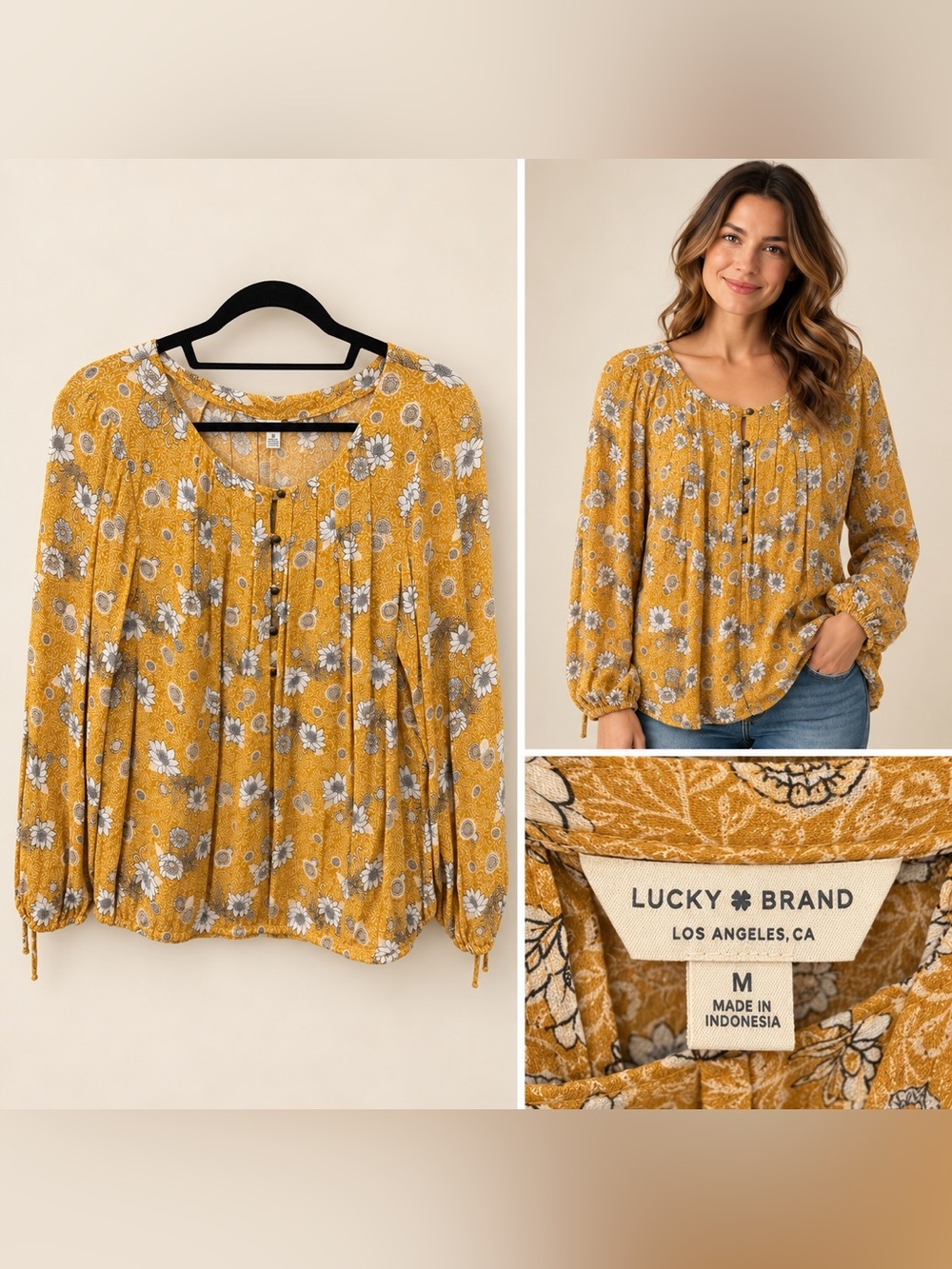 Lucky Brand Mustard Floral Button-Pleat Blouse